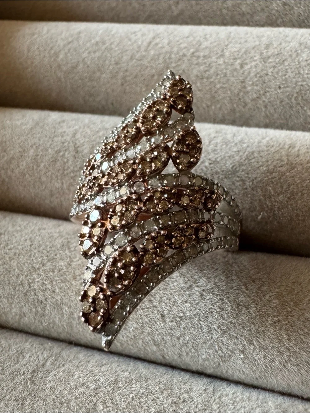 D’Joy 1.50 CTW Champagne & White Diamond Bypass Ring Size 9